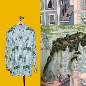 1970s BY MARTINI Long Sleeve DISCO Button Up. All Over Print W/Pointed Collar. L